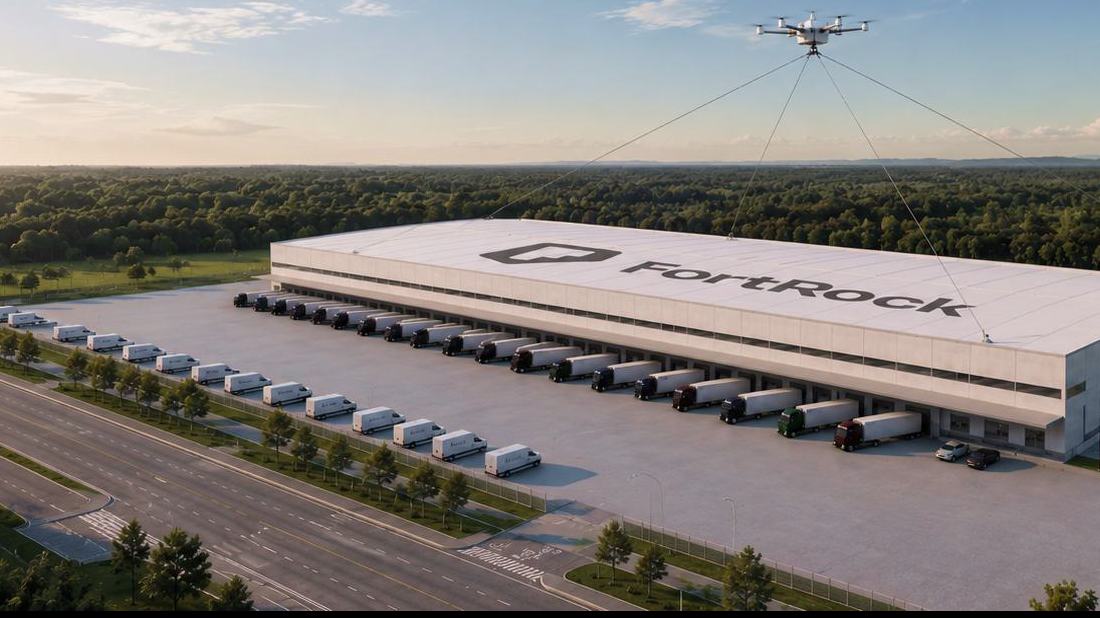 Render aéreo de um galpão do condomínio logístico FR1 em Garuva